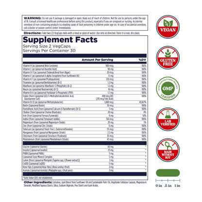 Información nutricional de multivitaminas KAL con sistema liposomal.