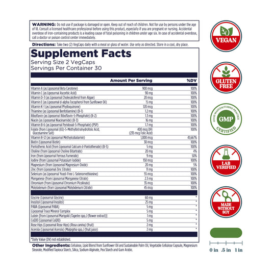 Información nutricional de multivitaminas KAL con sistema liposomal.