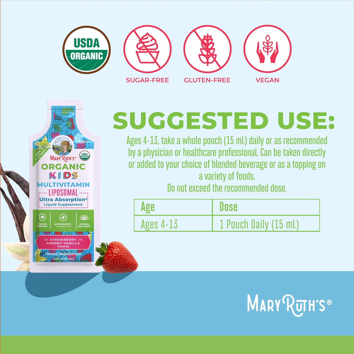 Información nutricional de multivitaminas líquidas para niños