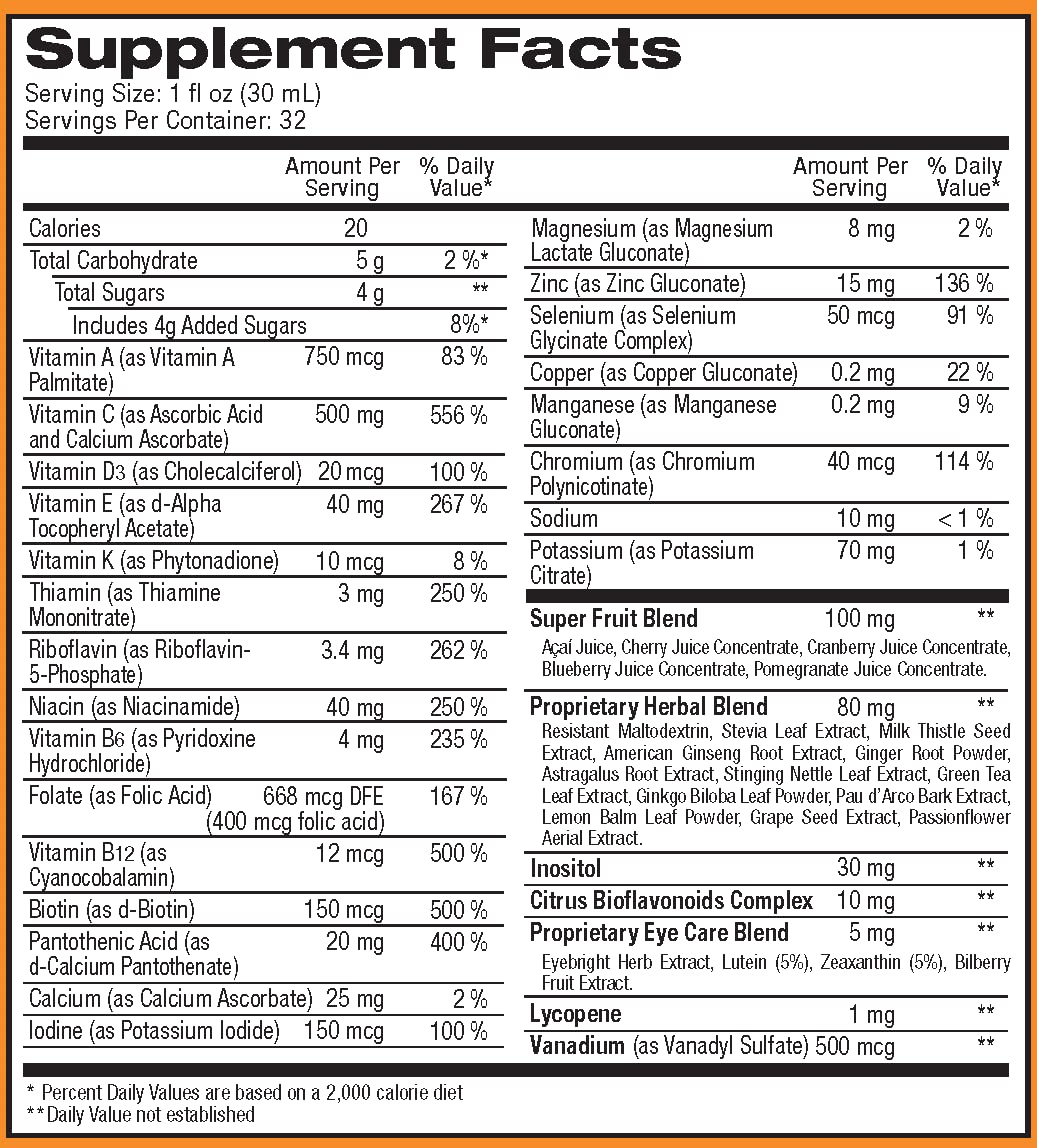 Información nutricional multivitaminas líquidas ReViva 50 nutrientes