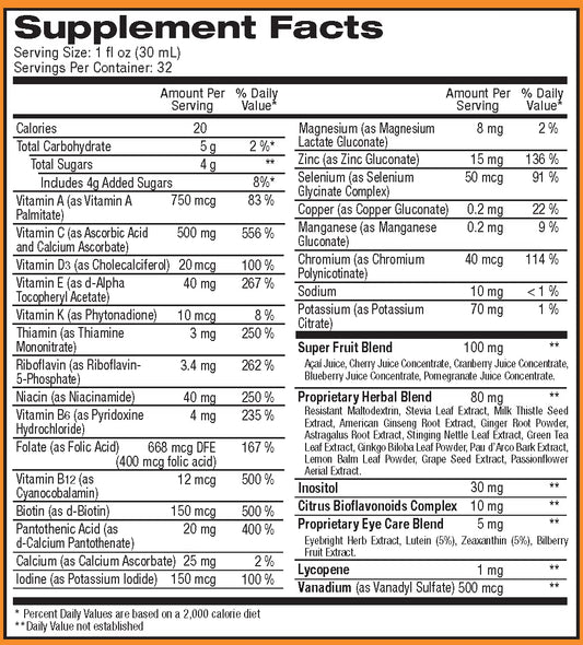 Información nutricional multivitaminas líquidas ReViva 50 nutrientes