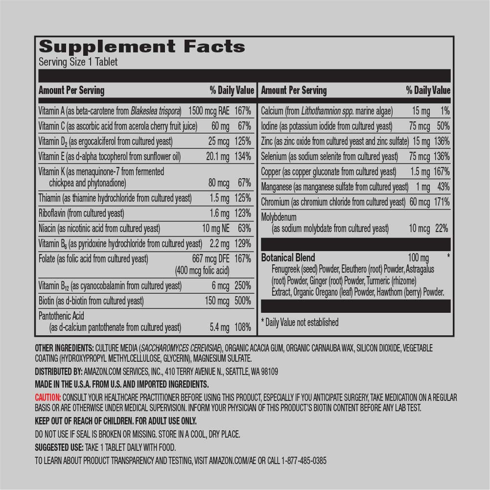 Etiqueta de información nutricional de multivitaminas para hombres