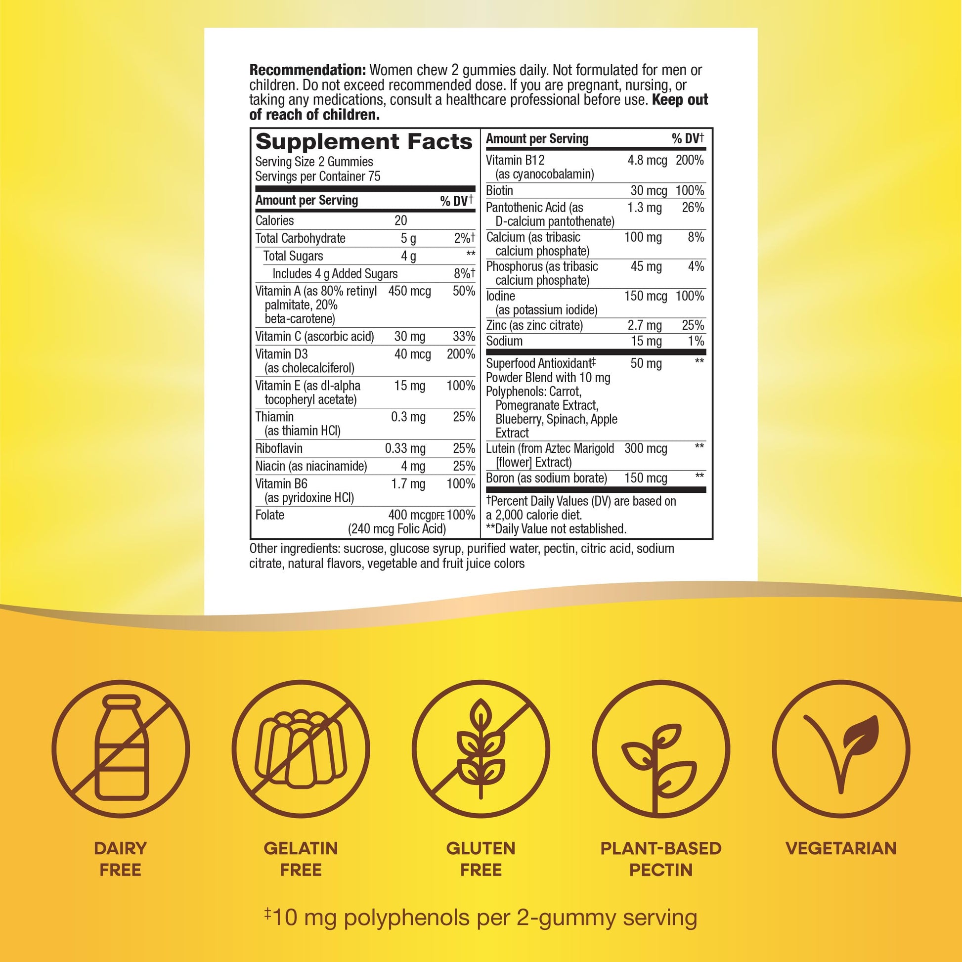 Información nutricional de las multivitaminas de goma para mujeres 50+
