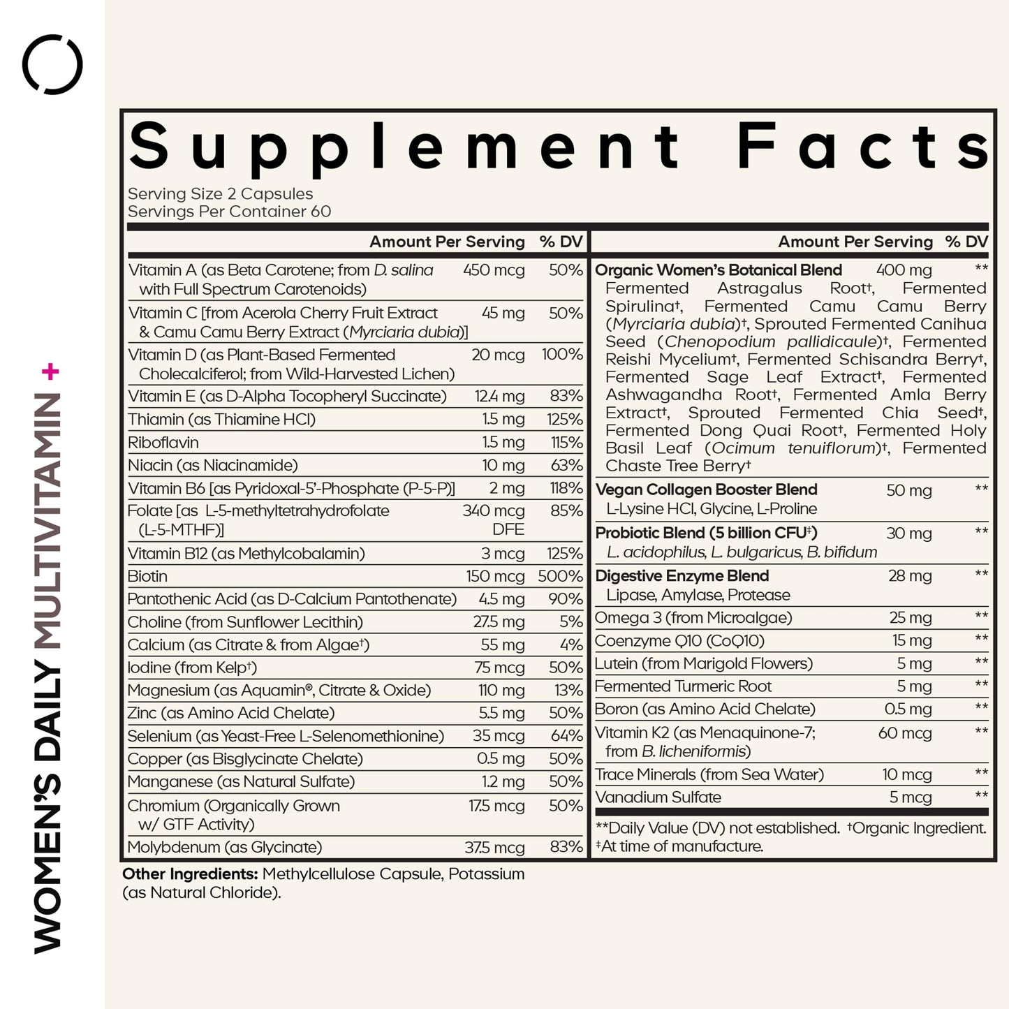 Información nutricional de las multivitaminas Codeage para mujeres