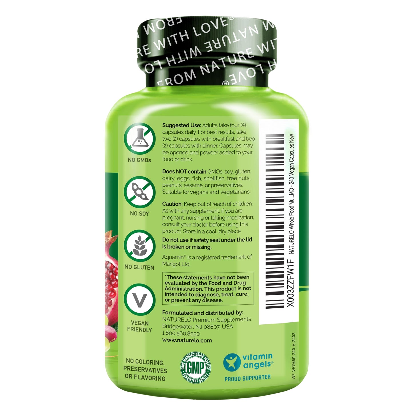 Información nutricional del suplemento de multivitaminas NATURELO para mujeres 50+.