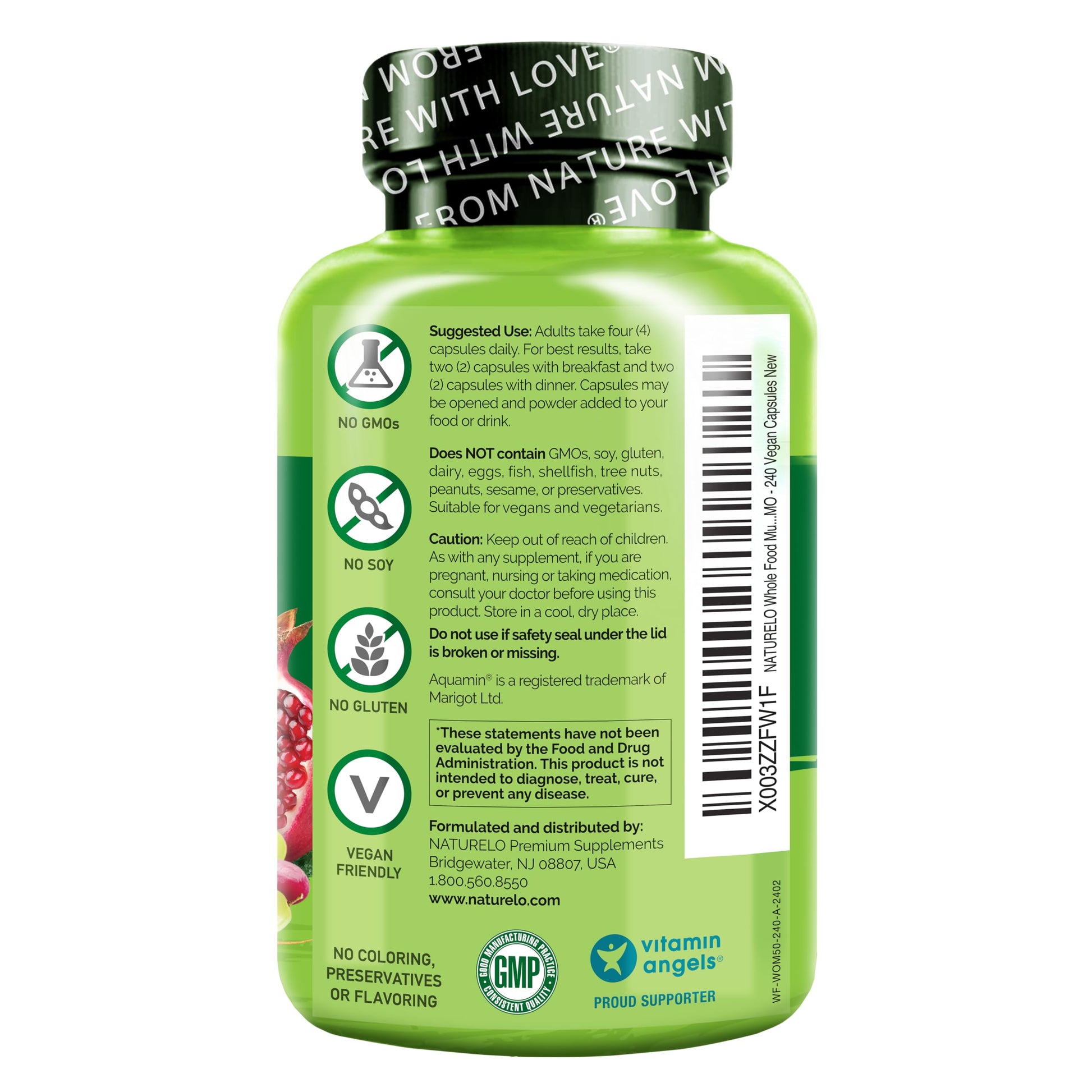 Información nutricional del suplemento de multivitaminas NATURELO para mujeres 50+.