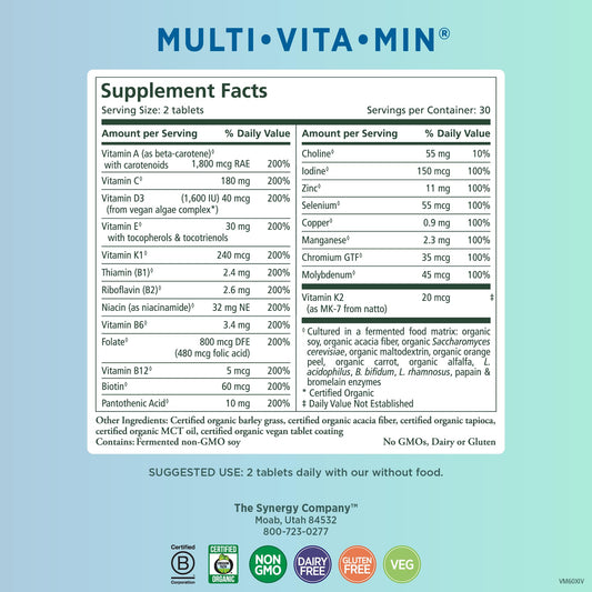 Tabla de información nutricional de multivitaminas Pure Synergy