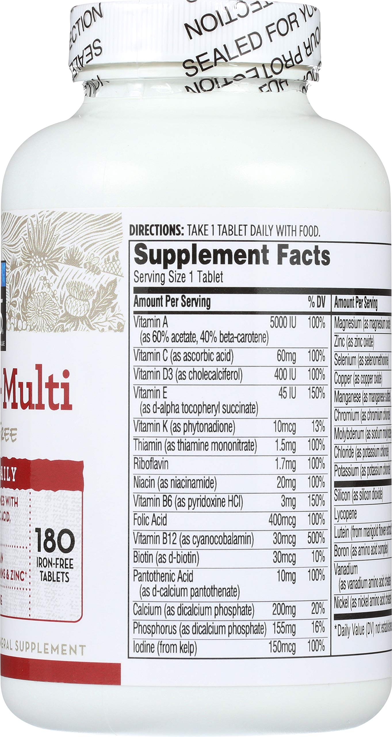 Información nutricional multivitaminas sin hierro 365