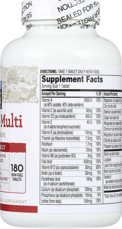 Información nutricional multivitaminas sin hierro 365