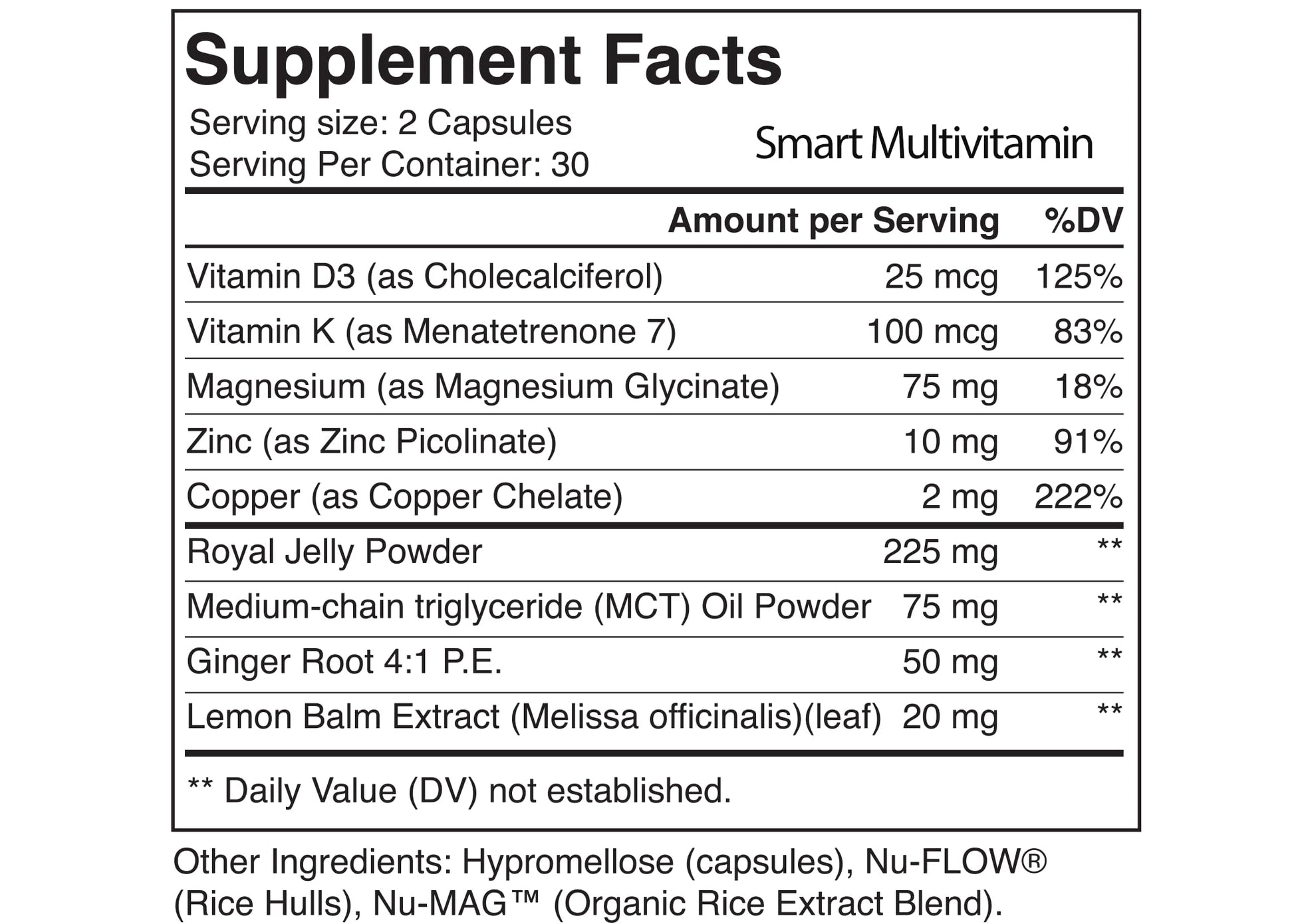 Tabla de información nutricional de multivitaminas Smart Restore