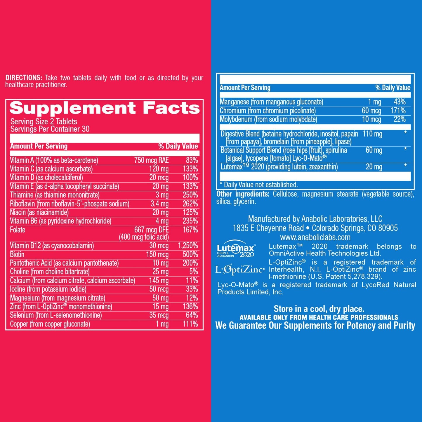 Información nutricional del multivitamínico AVED