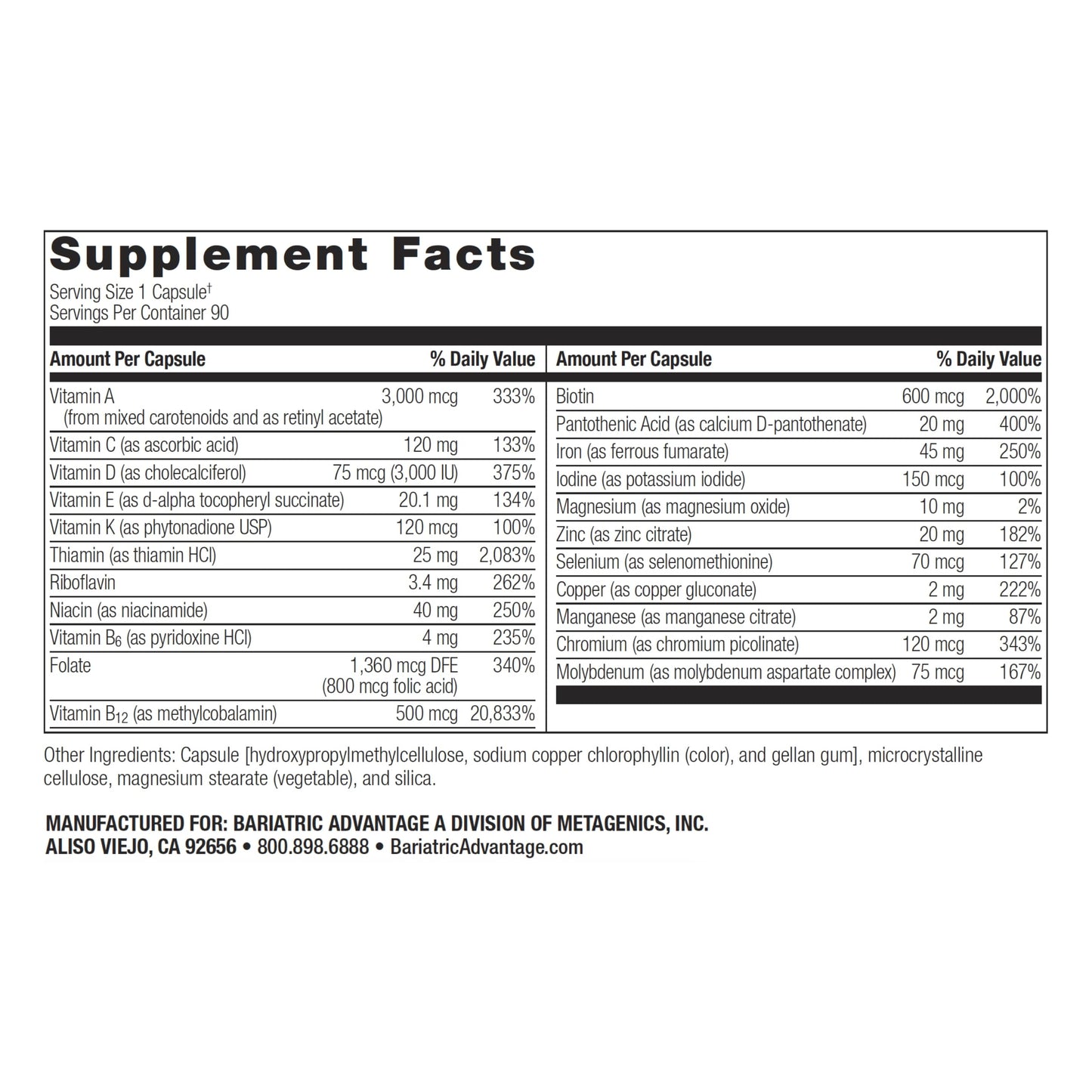 Información nutricional del multivitamínico Bariatric Advantage