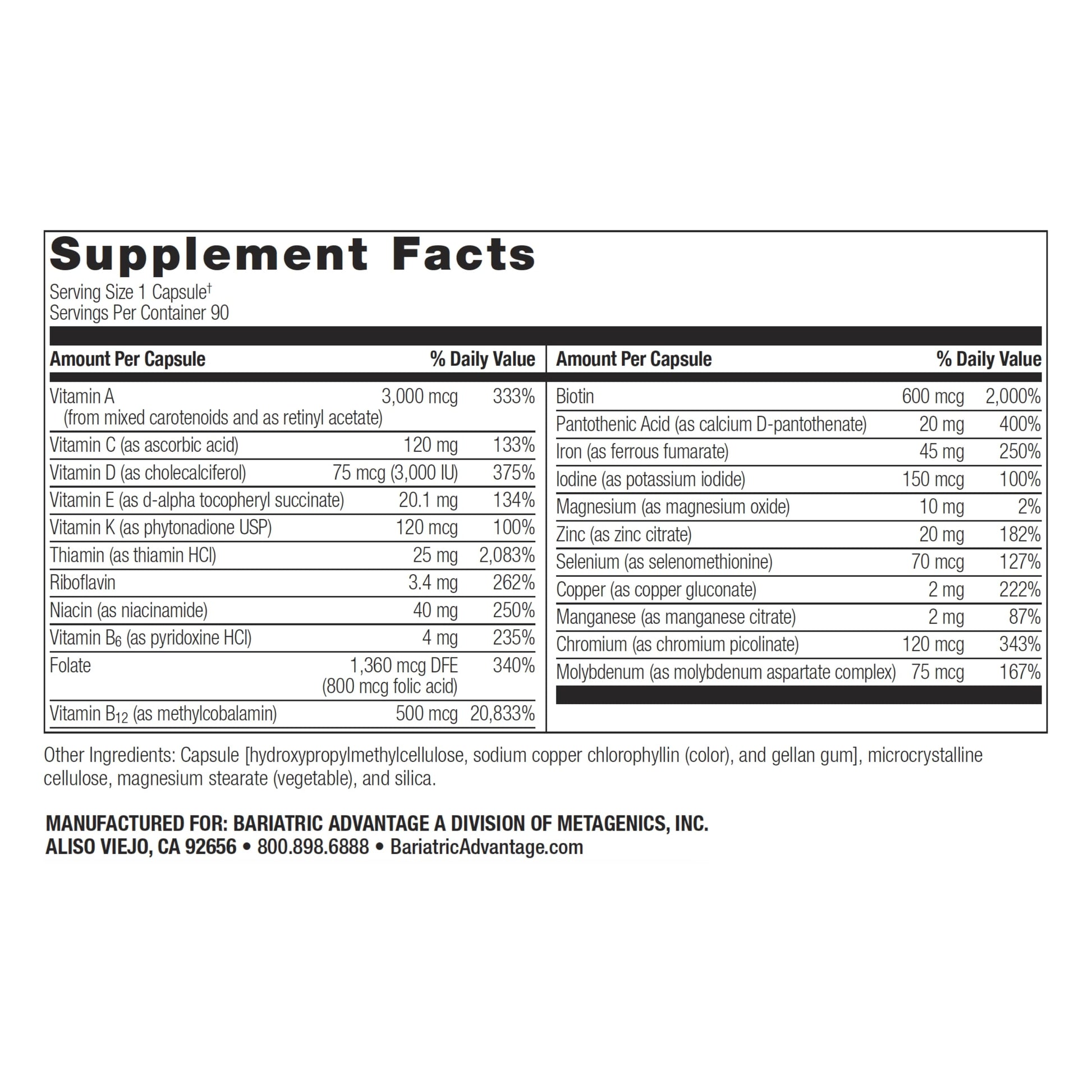 Información nutricional del multivitamínico Bariatric Advantage