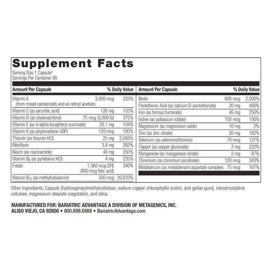 Información nutricional del multivitamínico Bariatric Advantage