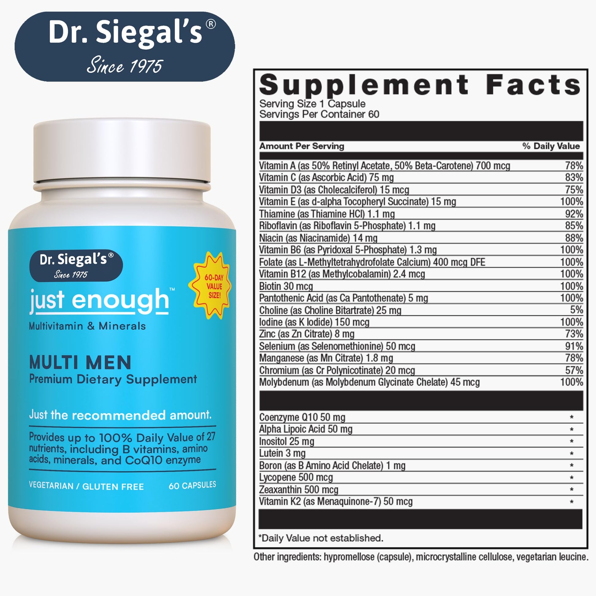 Información nutricional del multivitamínico Dr. Siegal.