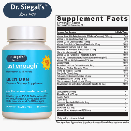 Información nutricional del multivitamínico Dr. Siegal.