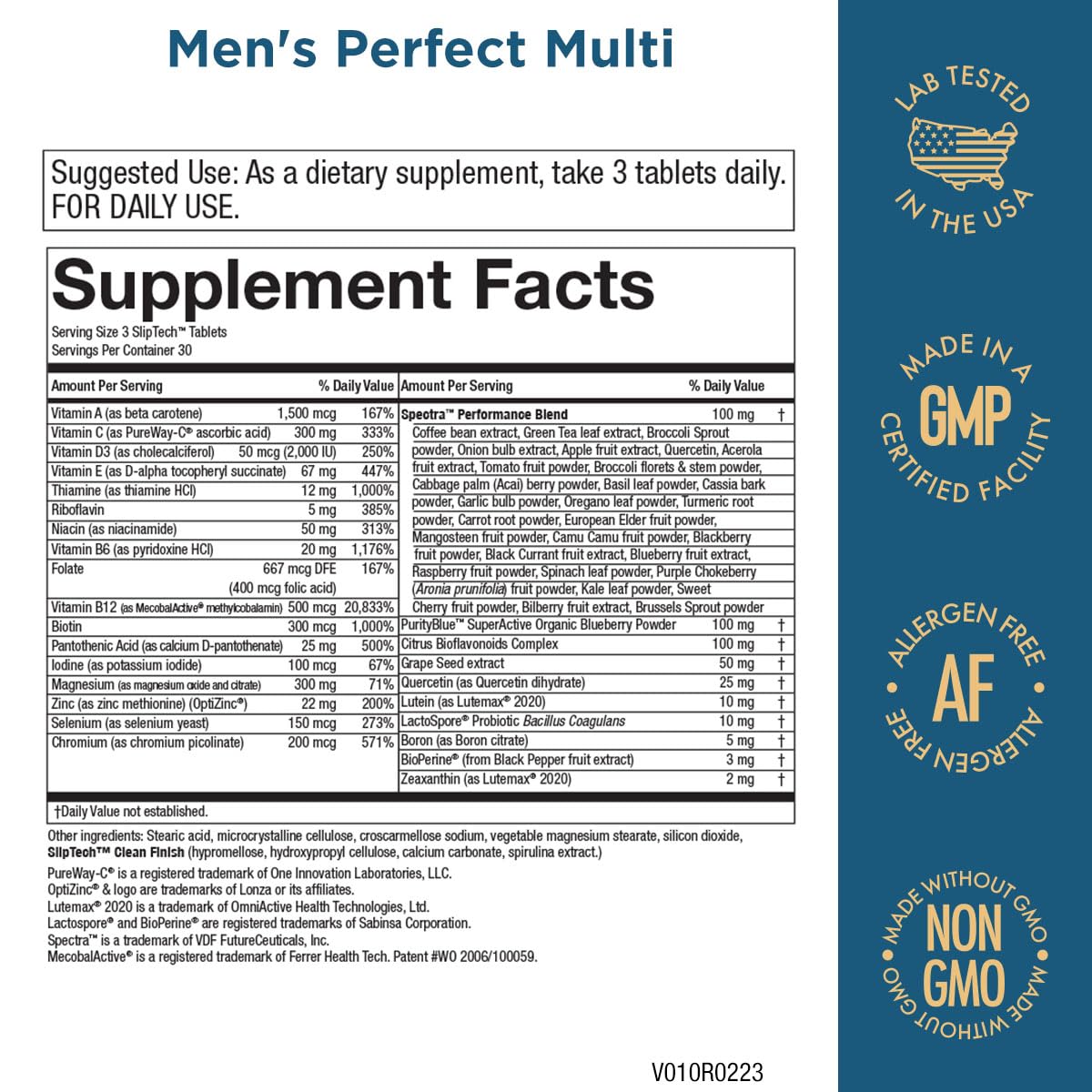 Información nutricional del multivitamínico para hombres