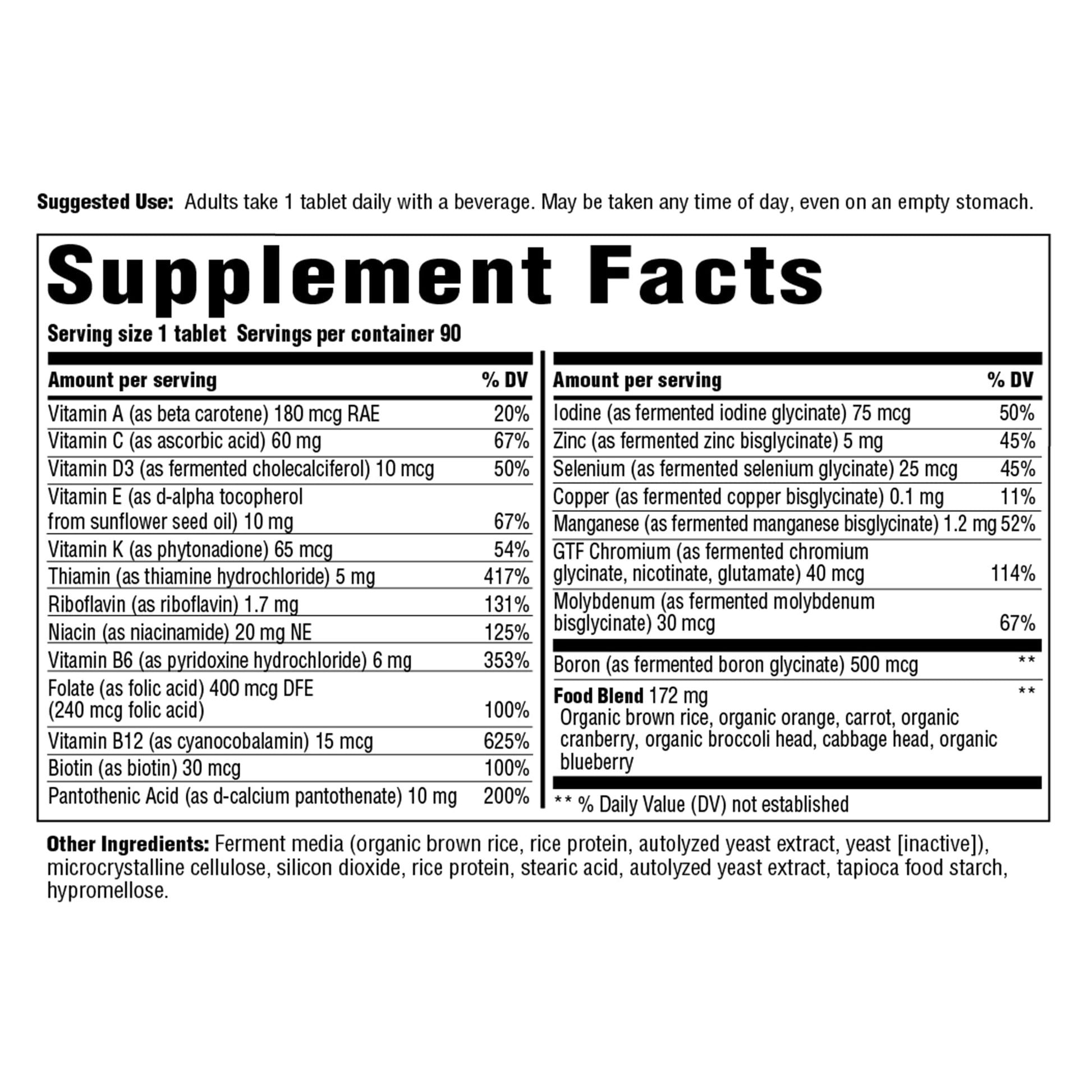 Información nutricional del multivitamínico Innate Response