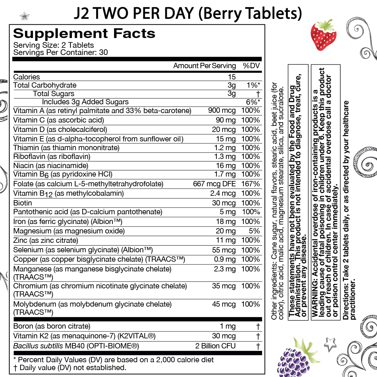 información nutricional multivitamínico j2 two per day