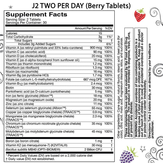 información nutricional multivitamínico j2 two per day