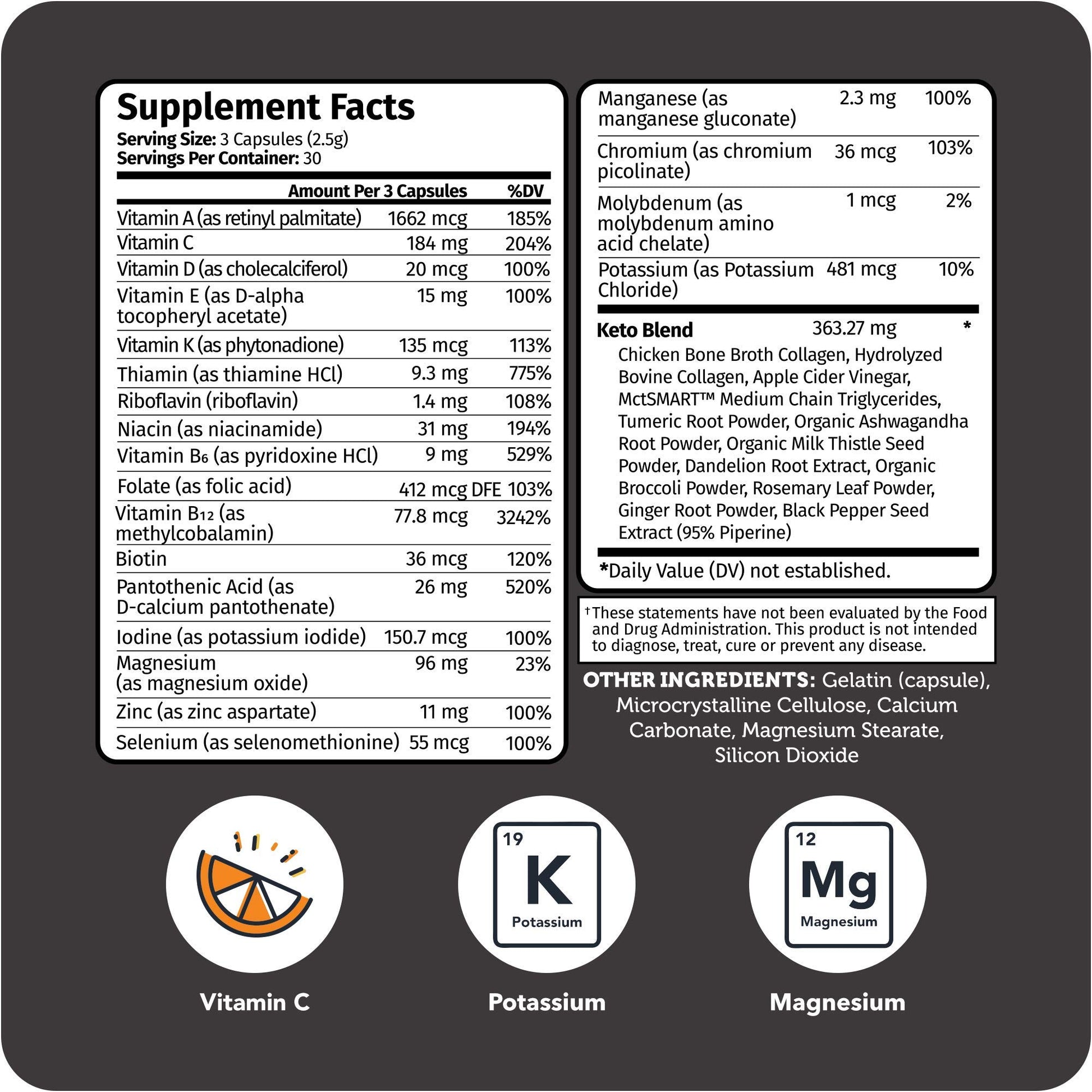 Información nutricional multivitamínico keto de Vitamin Bounty