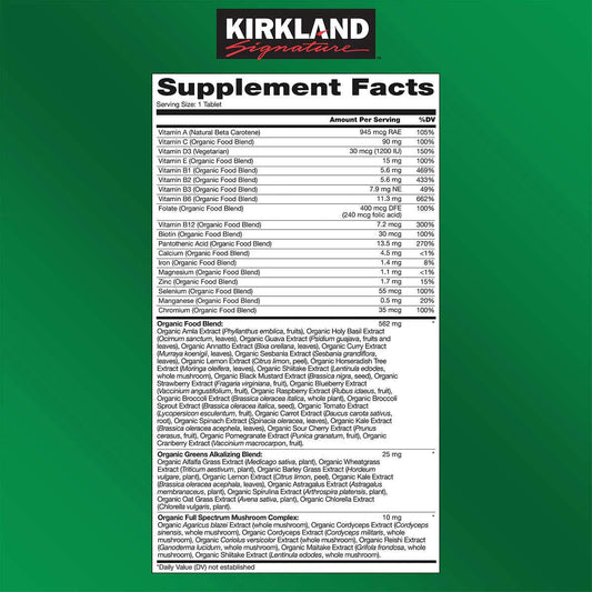 Información nutricional multivitamínico KIRKLAND orgánico