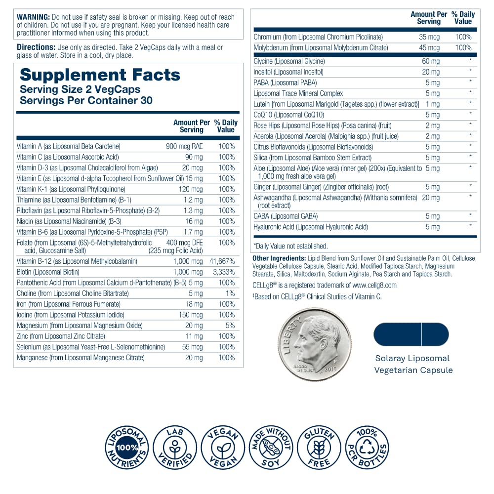 Información nutricional del multivitamínico liposomal SOLARAY