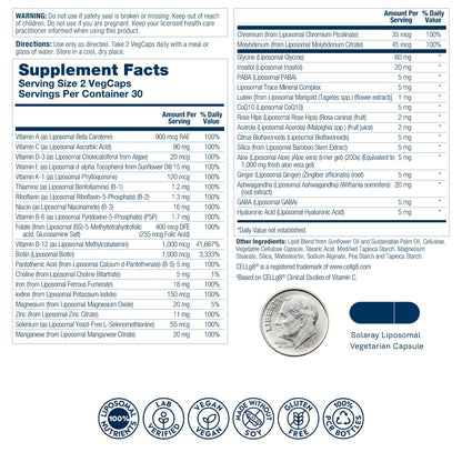 Información nutricional del multivitamínico liposomal SOLARAY