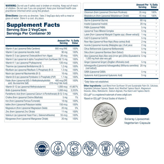 Información nutricional del multivitamínico liposomal SOLARAY