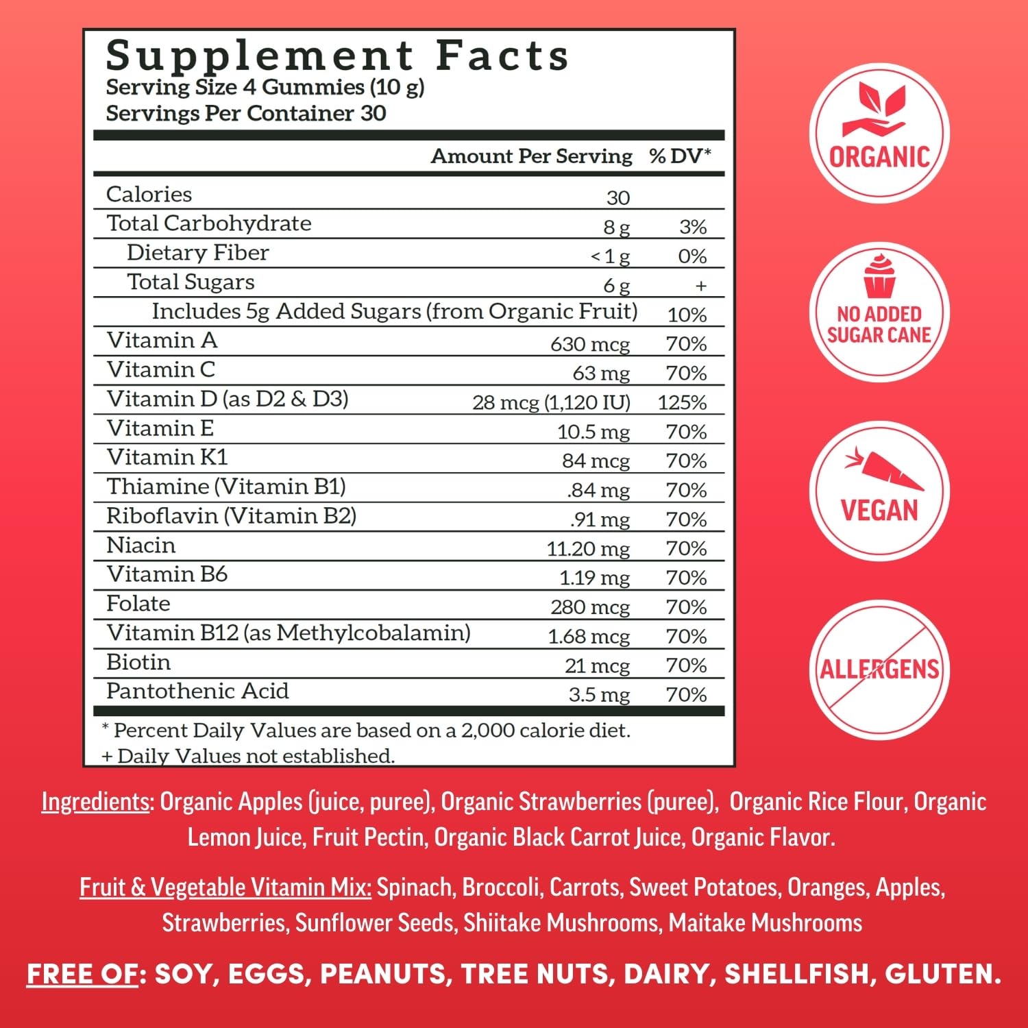 Información nutricional de multivitamínico Llama Naturals
