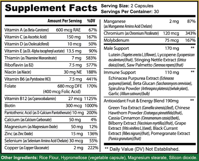 Información nutricional del multivitamínico Lyvv