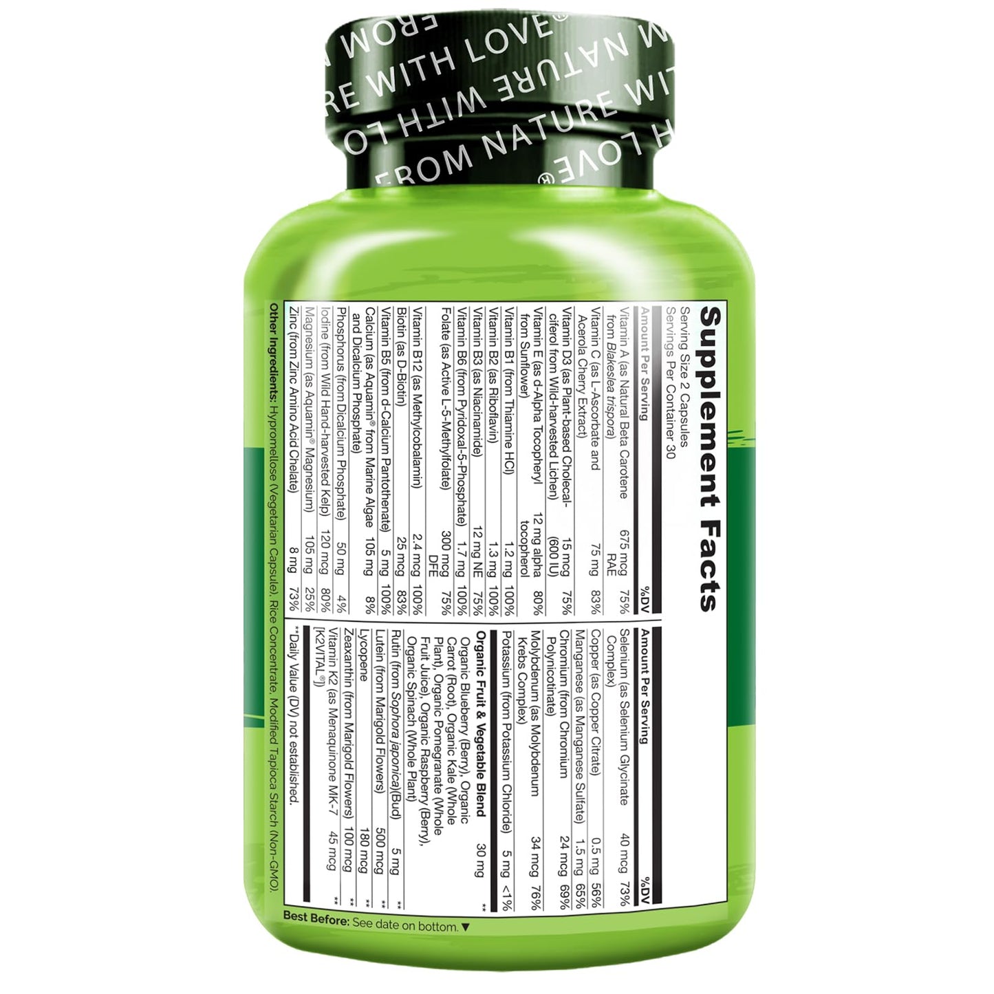 Información nutricional del multivitamínico NATURELO adolescente