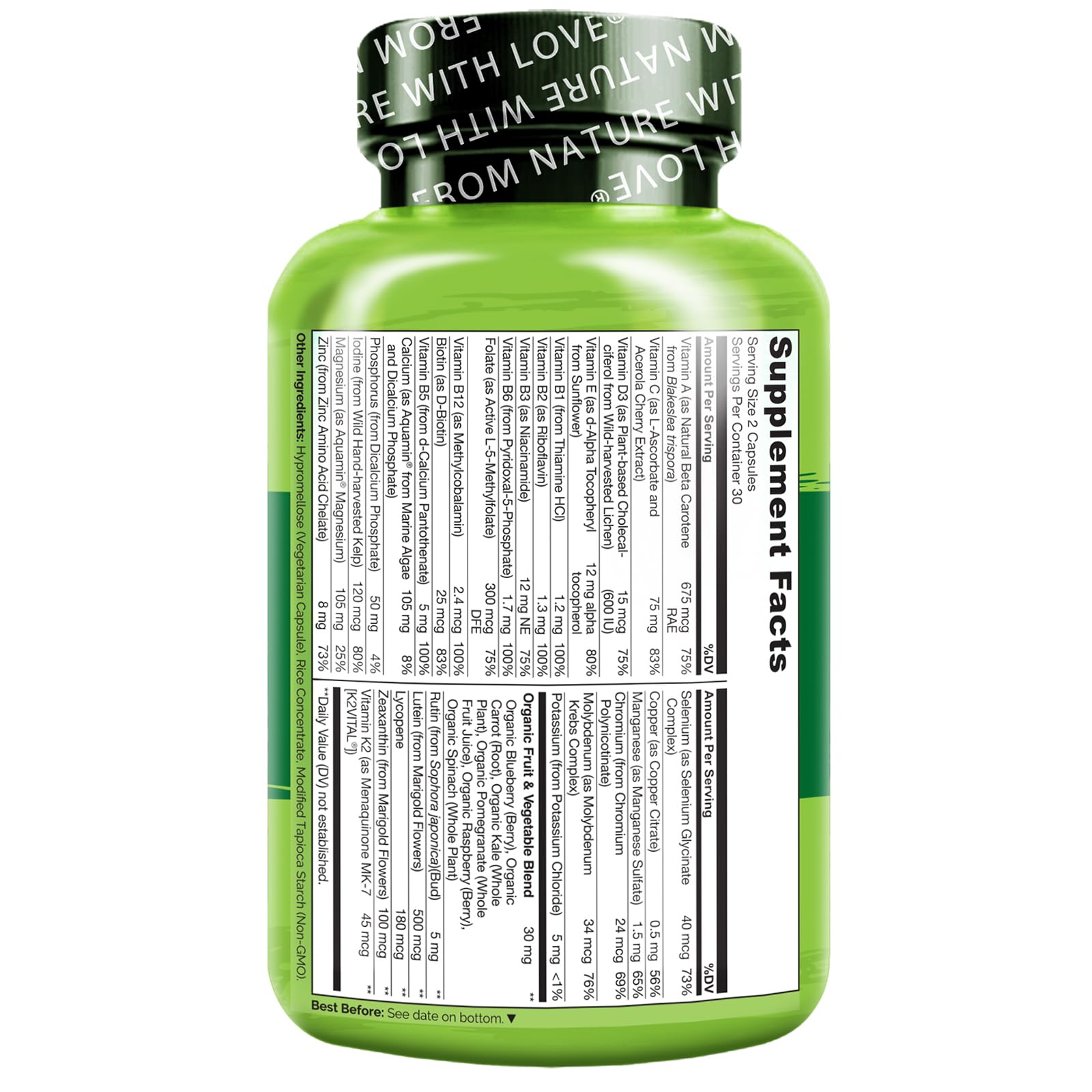 Información nutricional del multivitamínico NATURELO adolescente