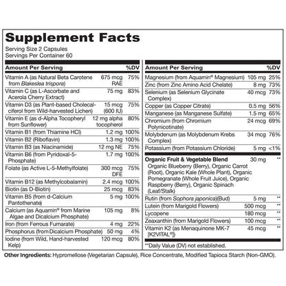 Información nutricional del multivitamínico Naturelo para adolescentes.
