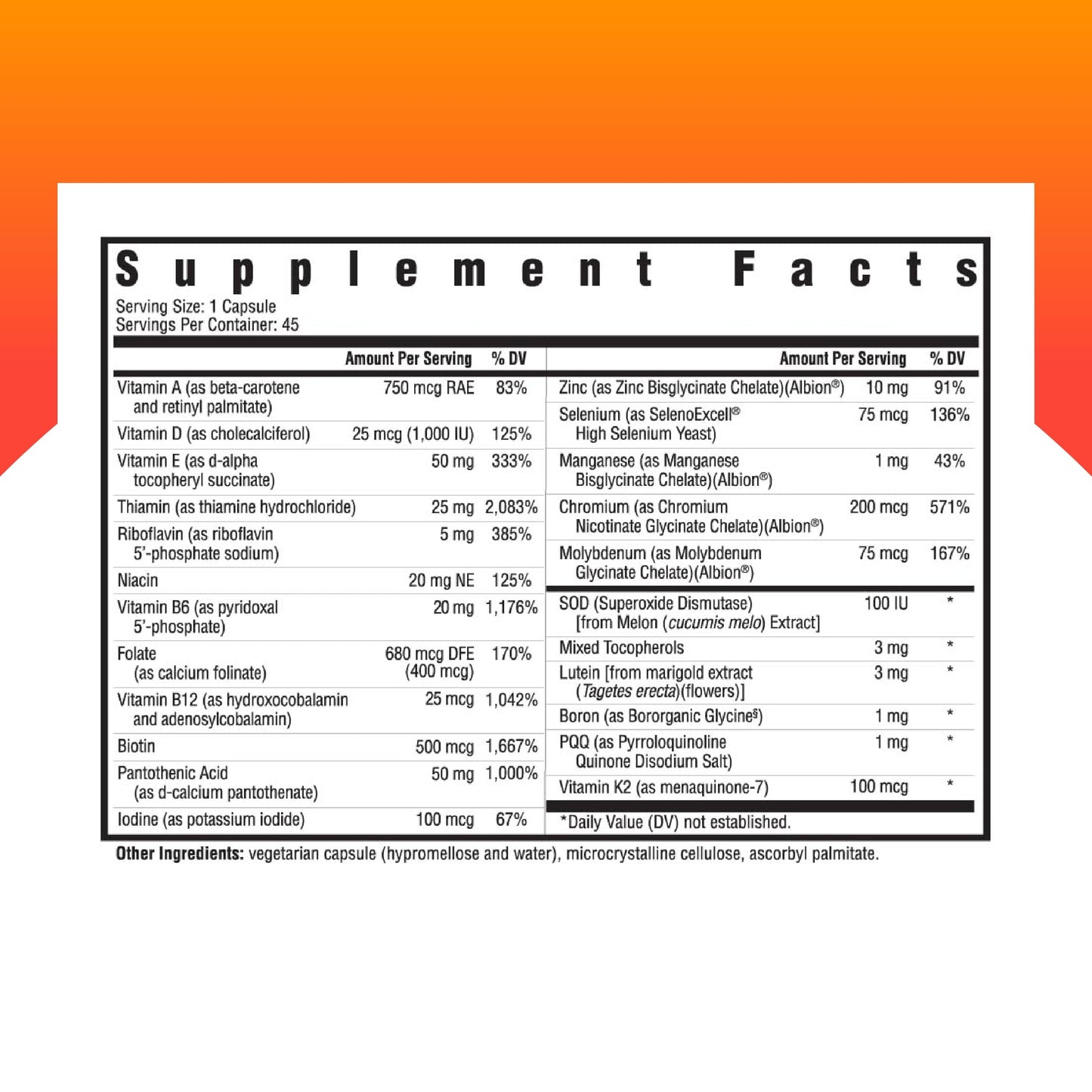 Información nutricional multivitamínico One MF