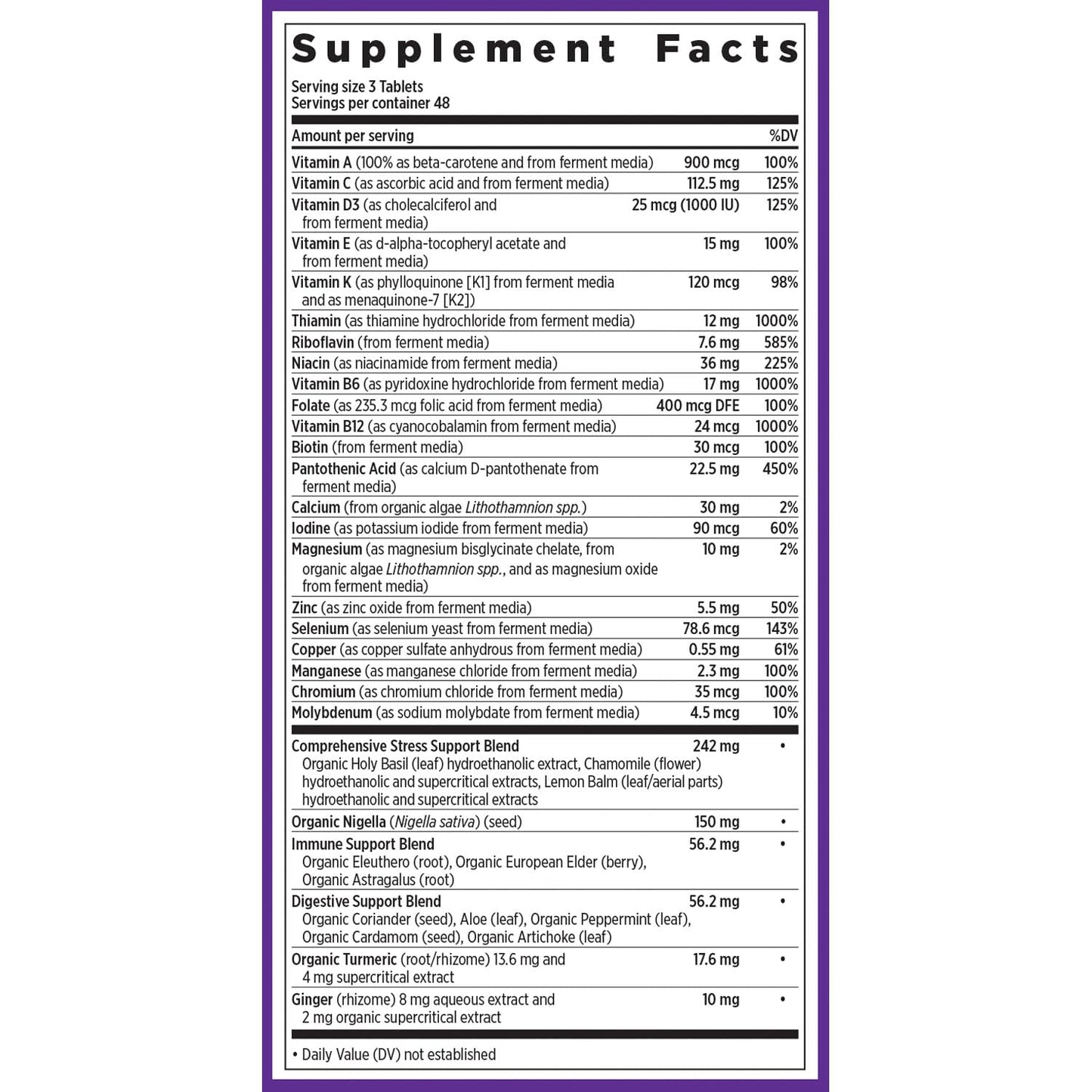 Información nutricional del multivitamínico Perfect Calm.