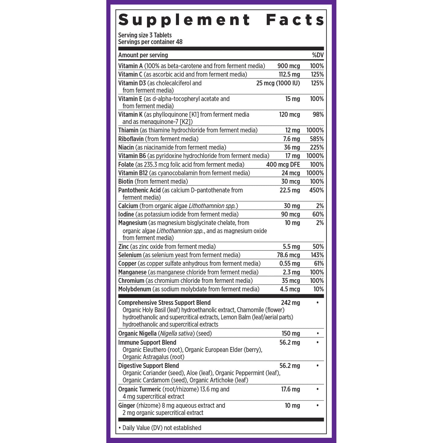 Información nutricional del multivitamínico Perfect Calm.