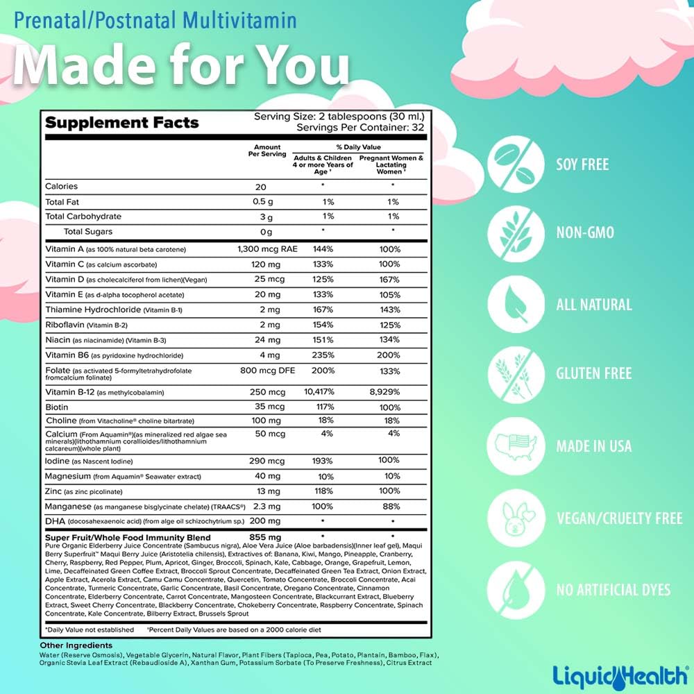 Información nutricional del multivitamínico prenatal Liquid Health