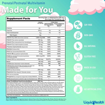 Información nutricional del multivitamínico prenatal Liquid Health