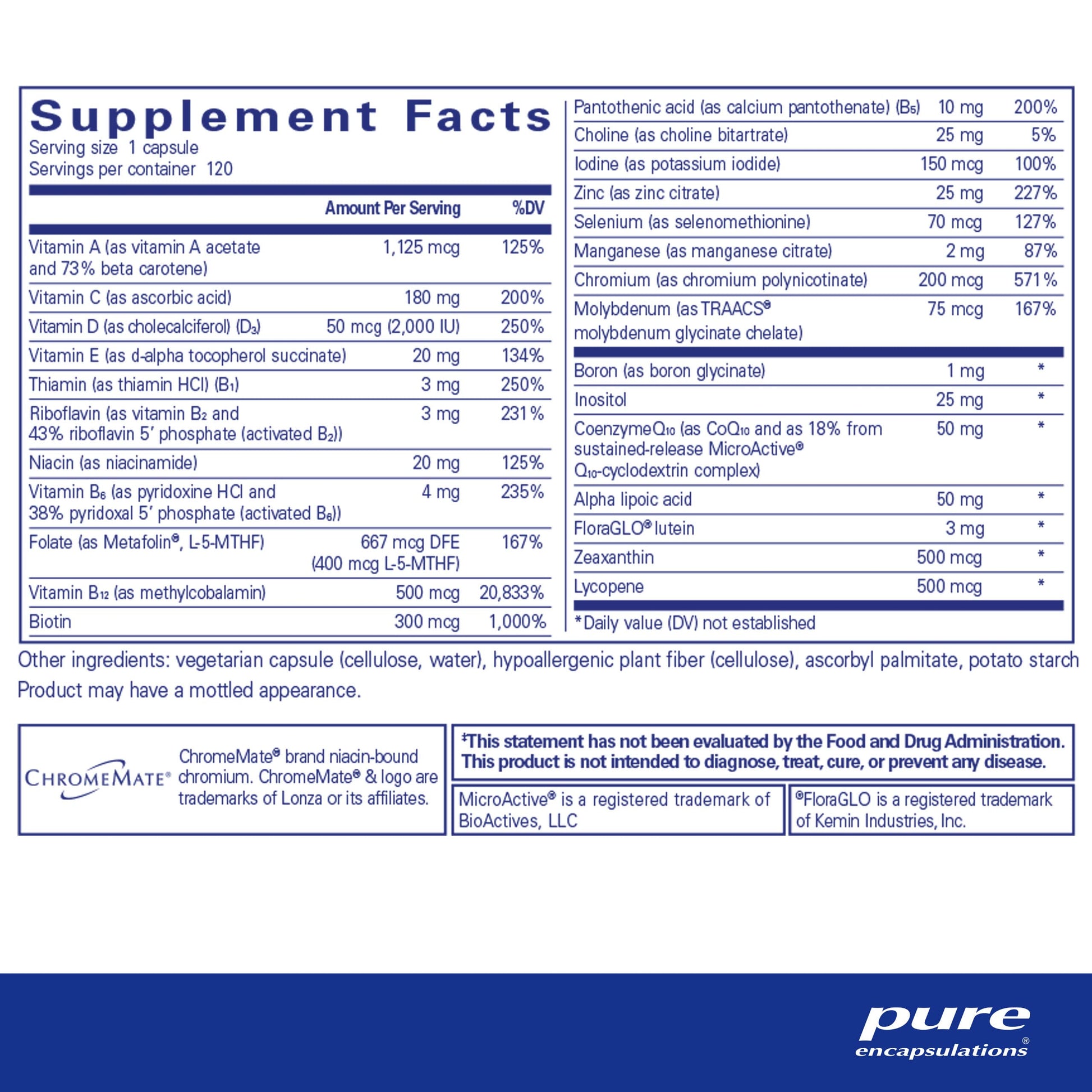 Información nutricional multivitamínico Pure O.N.E.