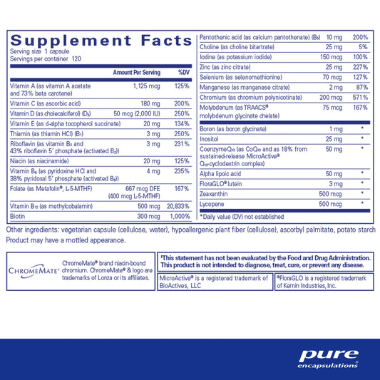 Información nutricional multivitamínico Pure O.N.E.