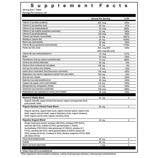 Información nutricional multivitamínico Rainbow Light