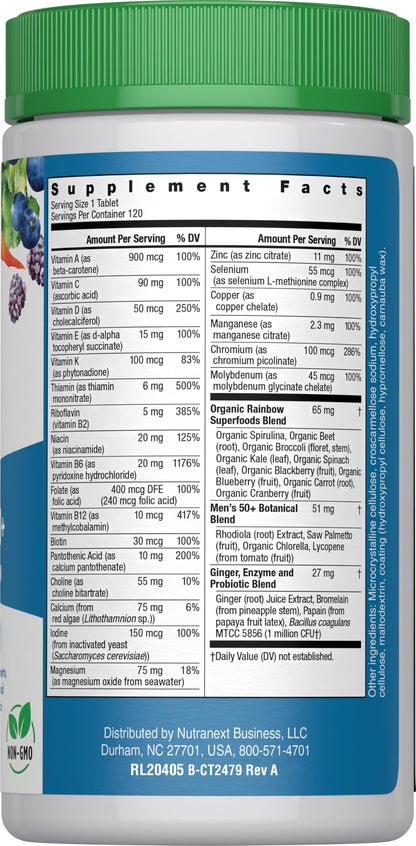 Información nutricional del multivitamínico Rainbow Light 50+