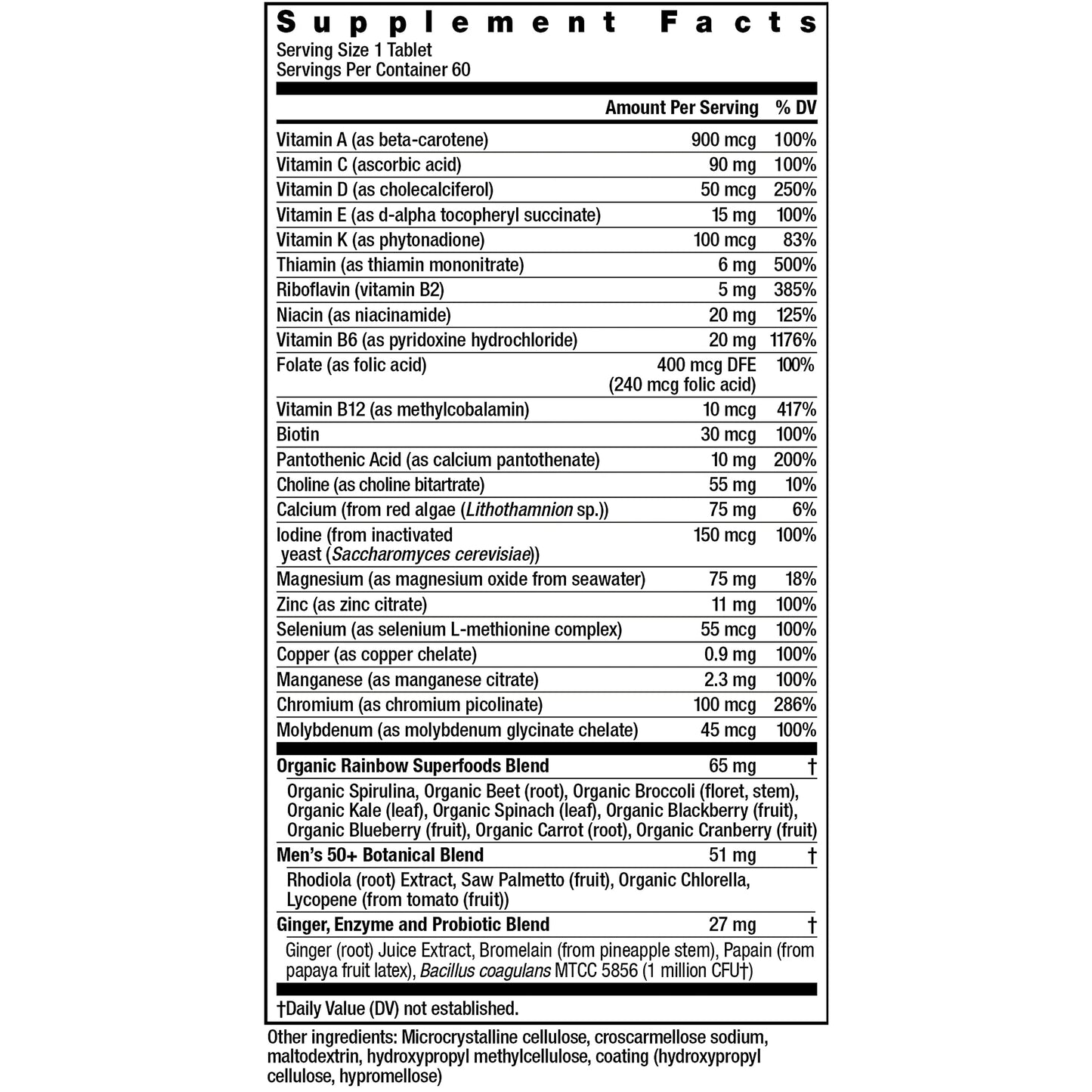 Información nutricional detallada del multivitamínico Rainbow Light