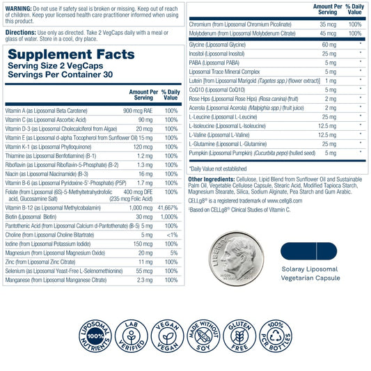 Información nutricional multivitamínico liposomal Solaray