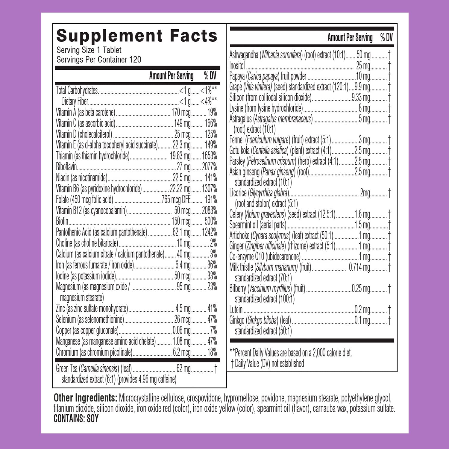 Información nutricional del multivitamínico Swisse para mujeres