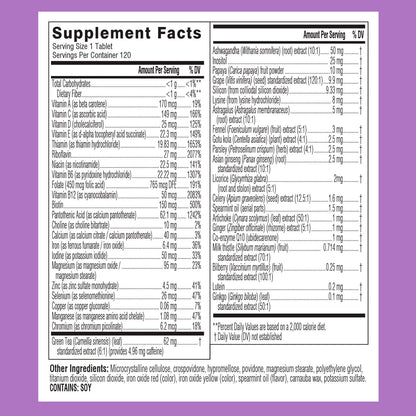 Información nutricional del multivitamínico Swisse para mujeres