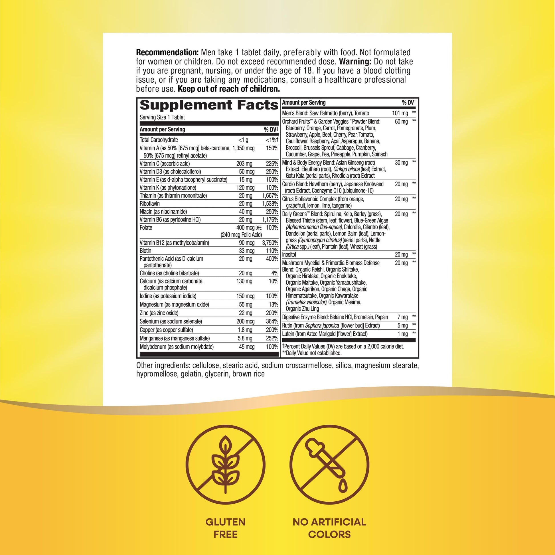 Información nutricional multivitamínico para hombres