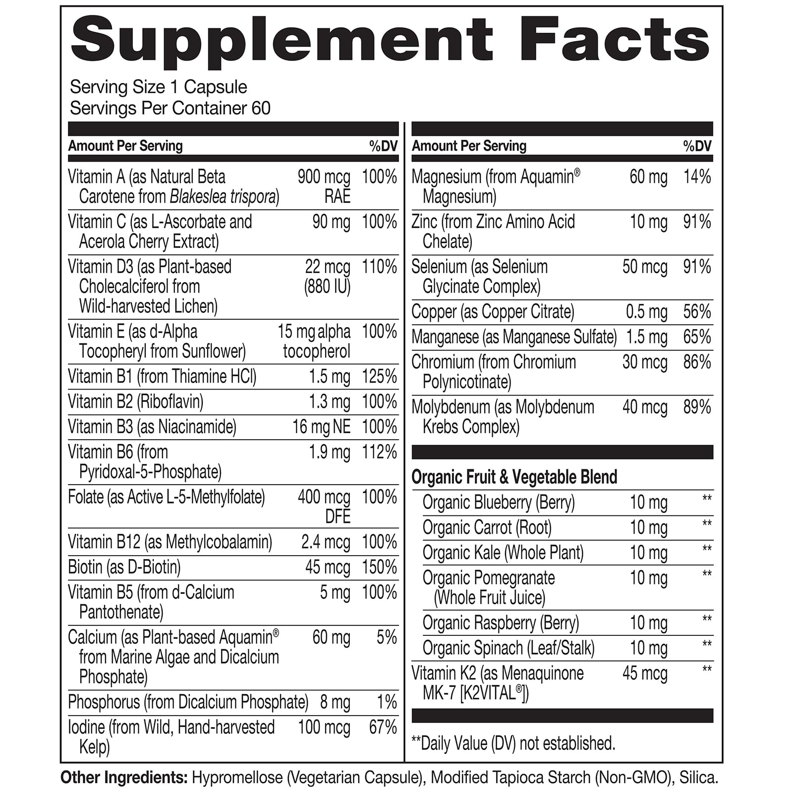 Información nutricional multivitaminas NATURELO, sin soya y sin GMO