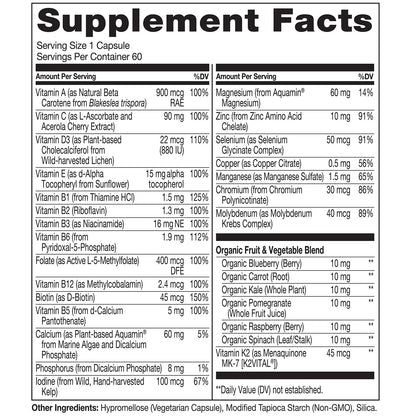 Información nutricional multivitaminas NATURELO, sin soya y sin GMO